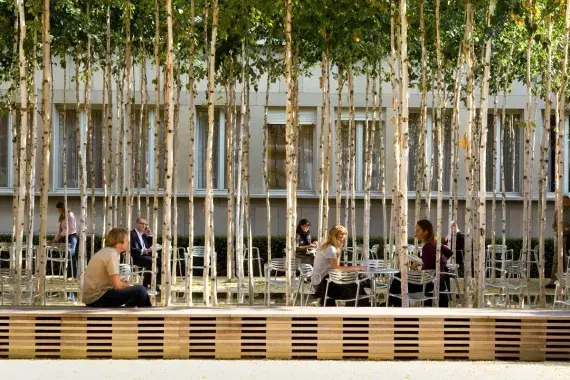 Professionals in gesprek op een terras