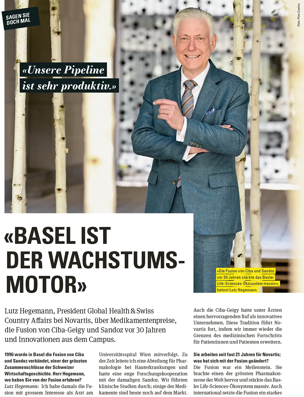 Lutz Hegemann, président de Global Health et des Affaires suisses chez Novartis, s’exprime dans une interview accordée à Basel Aktuell.