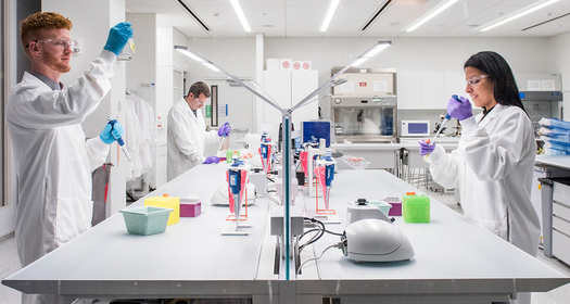 Plusieurs scientifiques de Novartis dans un environnement de laboratoire moderne et lumineux.