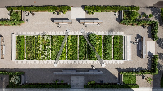 Der Novartis Heilpflanzengarten aus der Vogelperspektive