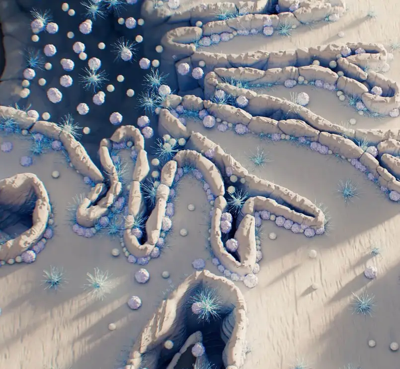 3D microscopic illustration showing the detailed surface and structure of coronavirus particles