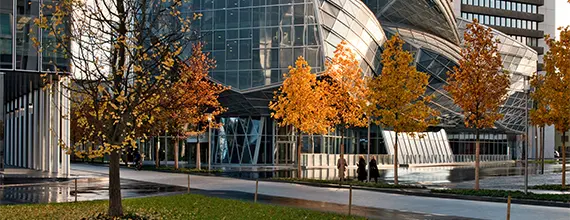 Modernes Glasgebäude mit herbstlichen Bäumen in einer städtischen Umgebung
