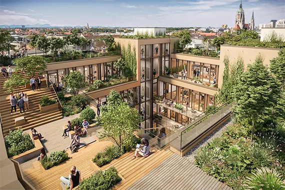 Computergenerierte Ansicht des neuen Bürokomplexes im Herzen Münchens