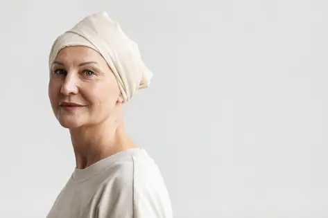 reatrato de mujer de mediana edad con cancer vestida de blanco image_1