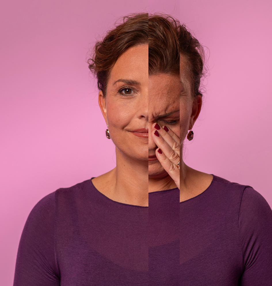 artistiek portret van een jonge vrouw, met een verticale strook die een andere emotie toont