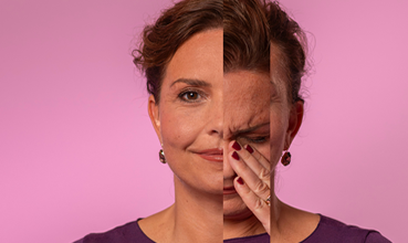 artistiek portret van een jonge vrouw, met een verticale strook die een andere emotie toont