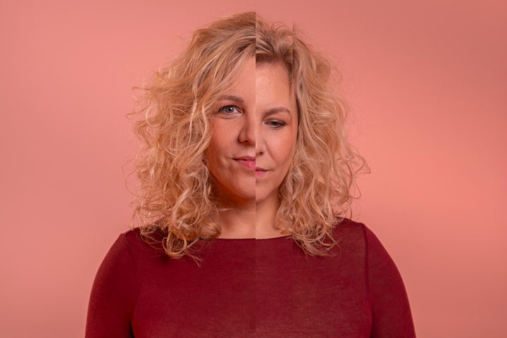 artistiek portret van een jonge vrouw, met een verticale strook die een andere emotie toont