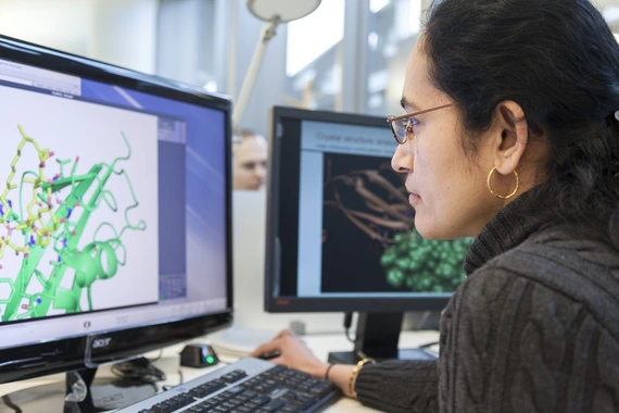 Scientist working on a computer