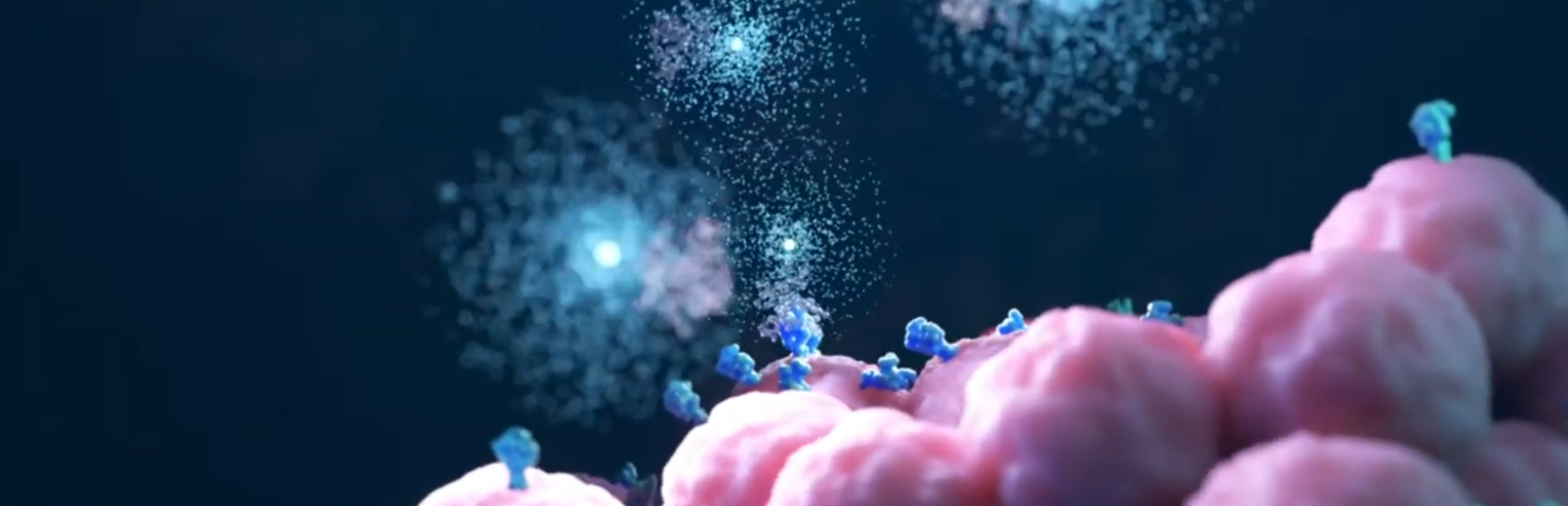 3D rendering of a radioligand therapy targeting cancer cells. Novartis is building on its pioneering work developing RLT and other therapeutic technology platforms to design the next wave of prostate cancer treatments.