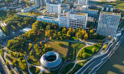Aerial view of the Novartis Pavilion on the edge of the Basel campus