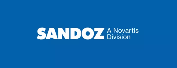 Sandoz logo white on blue