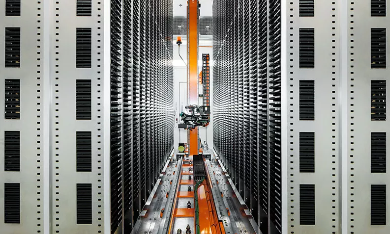 A robot manoeuvers through the chemical library at Novartis headquarters in Basel.