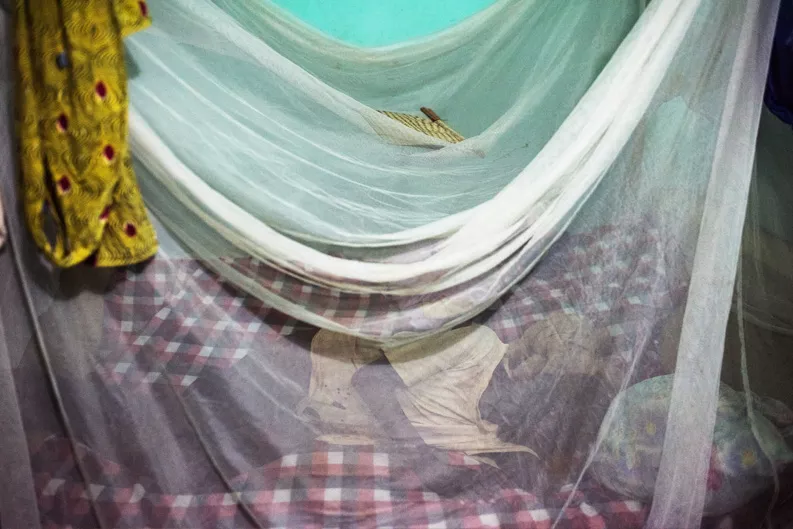 A person sleeps under a mosquito net in Bougoula.