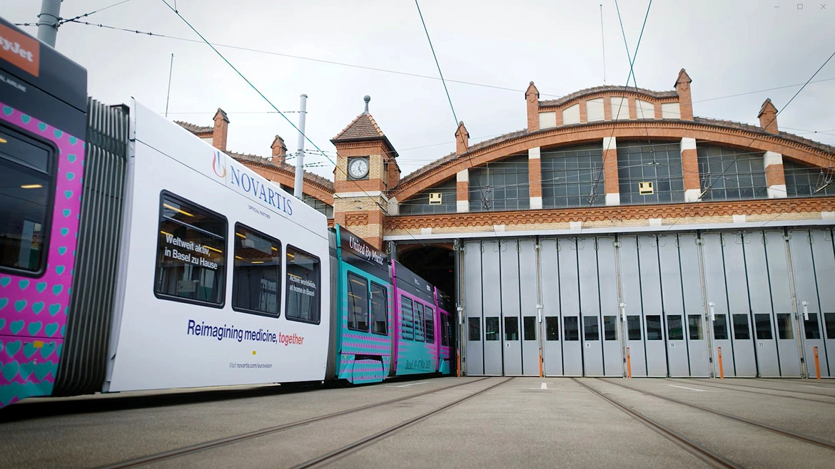 A Basel tram bearing the colors of the Eurovision song contest.