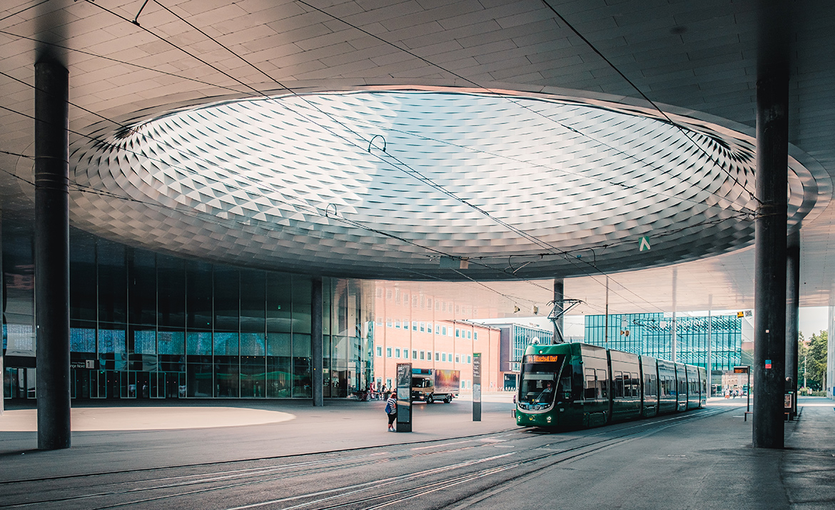 A Basel tram arrives at the Messeplatz station