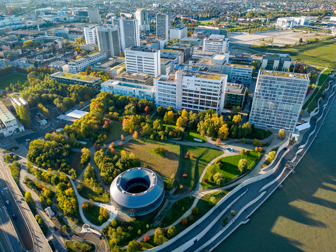 Aerial view of the Novartis Pavilion on the edge of the Basel campus