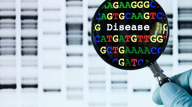 DNA sequencing image with magnifying glass highlighting the word Disease DNA sequencing image with magnifying glass highlighting the word Disease
