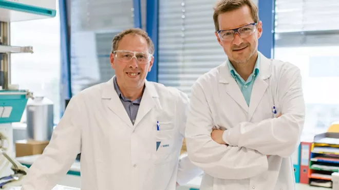 Robert Gschwentner and Stefan Lackner in a laboratory in Kundl, Austria