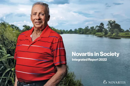Front cover of the 2022 Novartis in Society Integrated Report, Van Lacour, prostate cancer patient living in Natchez, Louisiana, who received a Novartis radioligand therapy