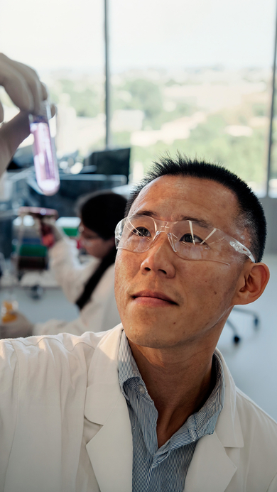 Scientist examining a test tube in a lab
