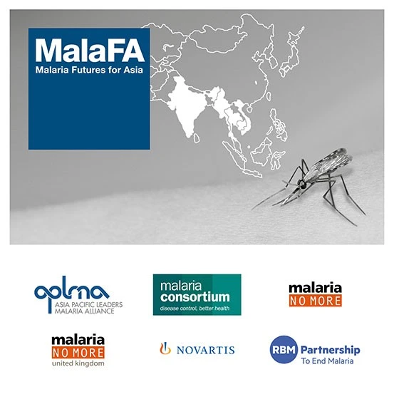 Below the map of Asia a female mosquito (Anopheles) sits on  an arm. At the bottom of the page six logos are included: APLMA, Malaria Consortium, Malaria No More US, Malaria No More UK, Novartis and RBM Partnership to End Malaria