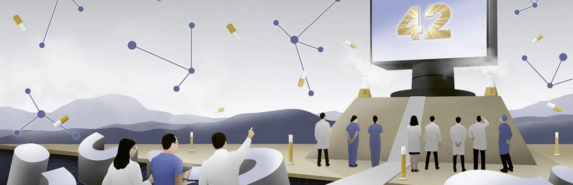 Color illustration showing several scientists in front of a large-scale computer highlighting the number 42