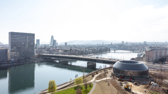 View from Novartis Campus towards Novartis Pavillon and Basel alongside Rhine River