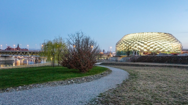 Novartis Pavillon located in Park South of the Novartis Campus. Illumination of zero-energy media facade of the Novartis Pavillon – artwork by Esther Hunziker.