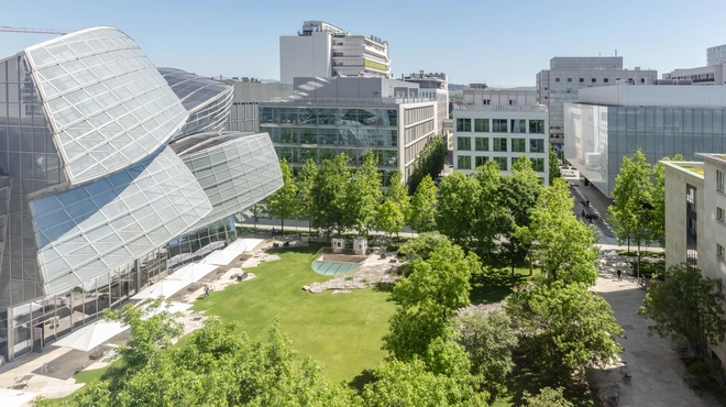 View to Gehry building, the Green and Fabrikstrasse on Novartis Campus in Basel