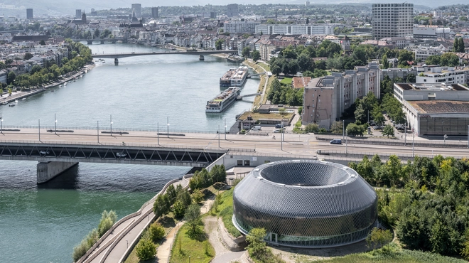 View of the Novartis Pavillon towards Dreirosenbrücke and city center