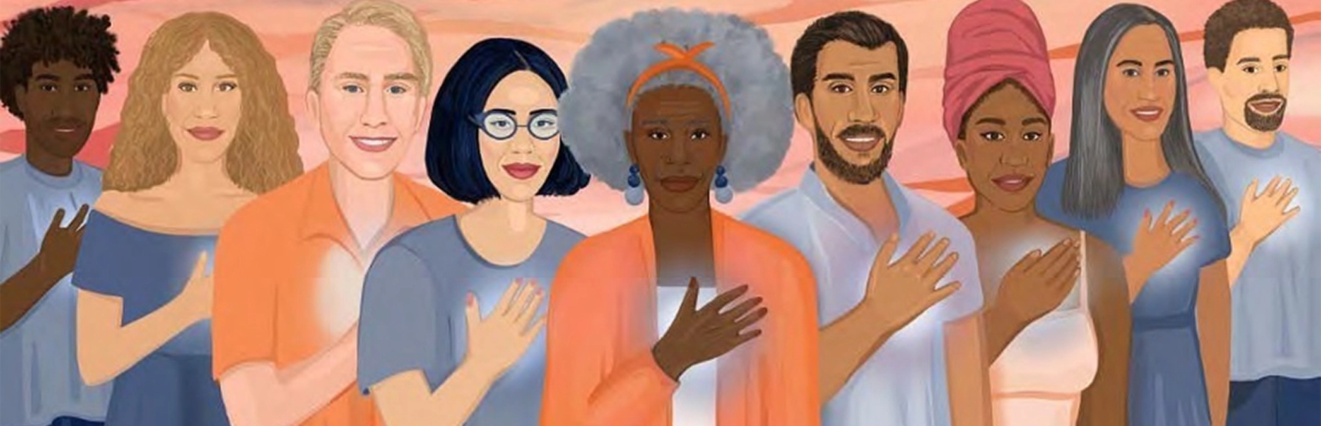People of all ages and races standing together with their hand on their heart