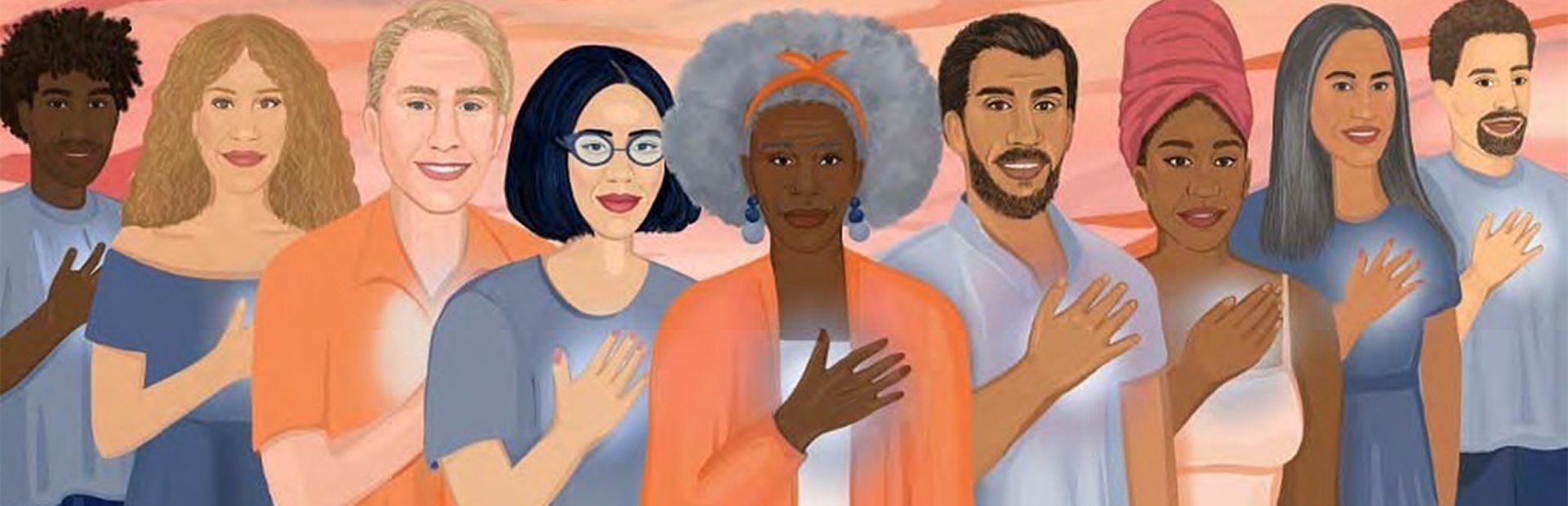 People of all ages and races standing together with their hand on their heart