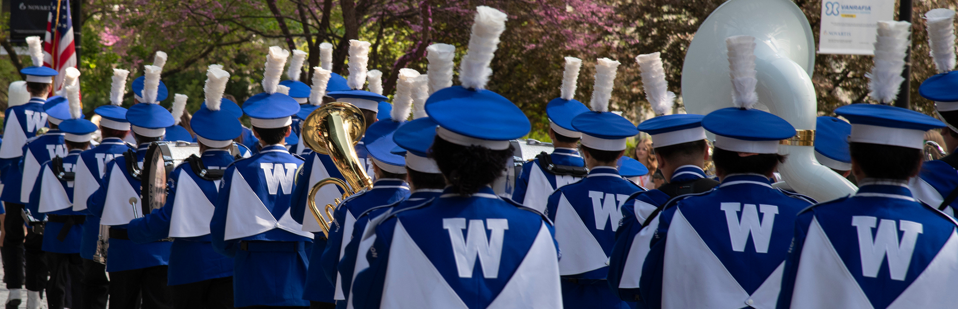 A marching band marching down the street