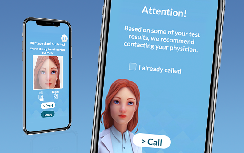 Close up image of mobile phones displaying visual acuity test and alert to contact physician