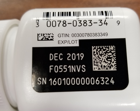 Product label displaying GTIN, LOT, EXP, SN, and Authorized Trading Partner information.