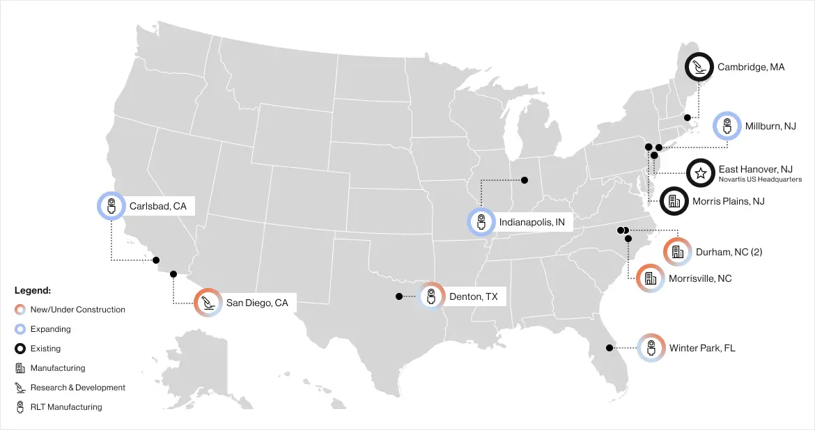 Manufacturing sites across US map, grey scale