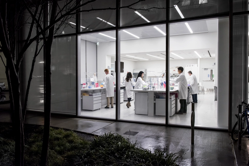 The Cambridge lab at night. 