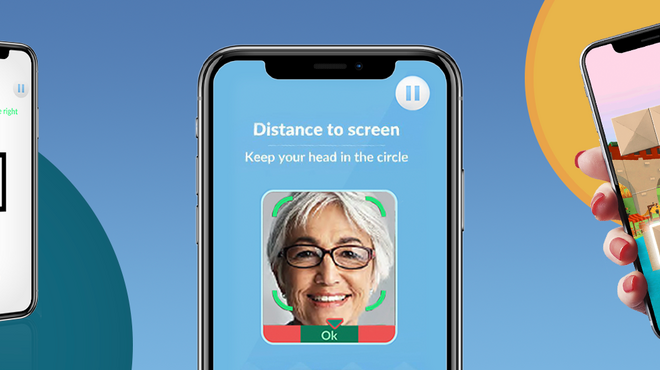 Mobile phones display app’s tests and games for patients and ophthalmologists to help monitor vision