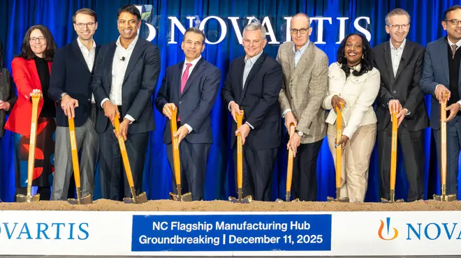 Novartis CEO Vas Narasimhan along with North Carolina Governor Josh Stein, US Food and Drug Commissioner, Dr. Marty Makary, and members of the Novartis team at the North Carolina groundbreaking of an expanding Novartis manufacturing hub.