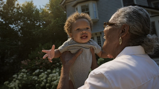 Grandparent and toddler sharing a joyful moment outside